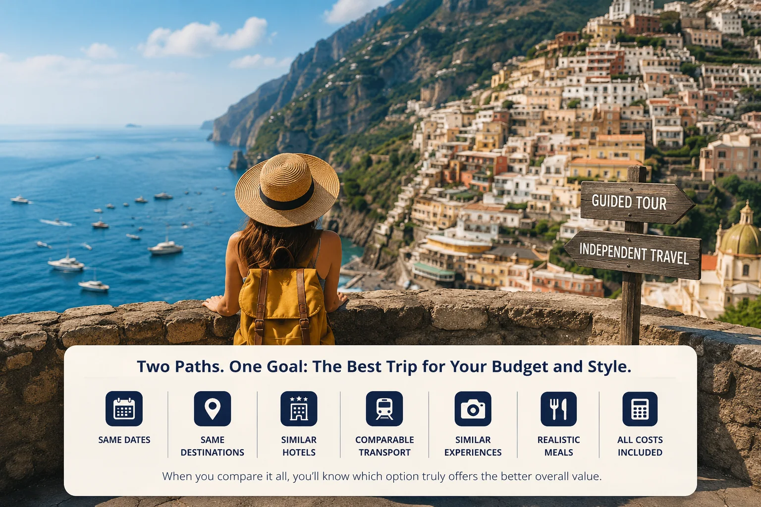 Traveler overlooking a Mediterranean town beside signs for guided tour and independent travel, with a cost comparison graphic.