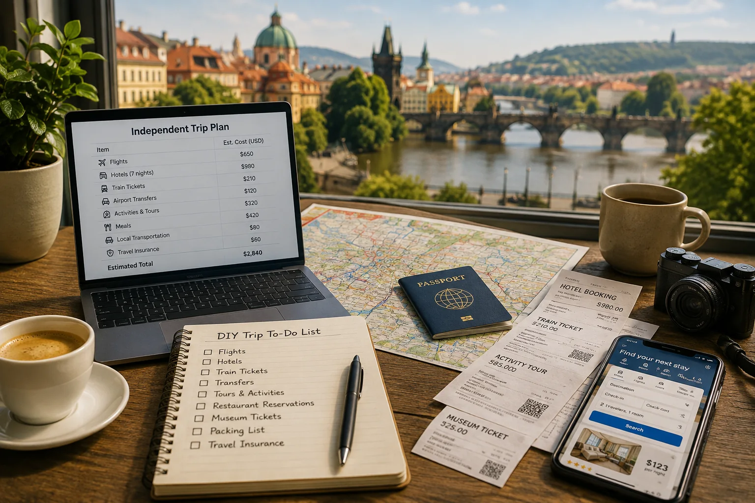 Travel planning workspace with trip costs, bookings, map and transportation options.