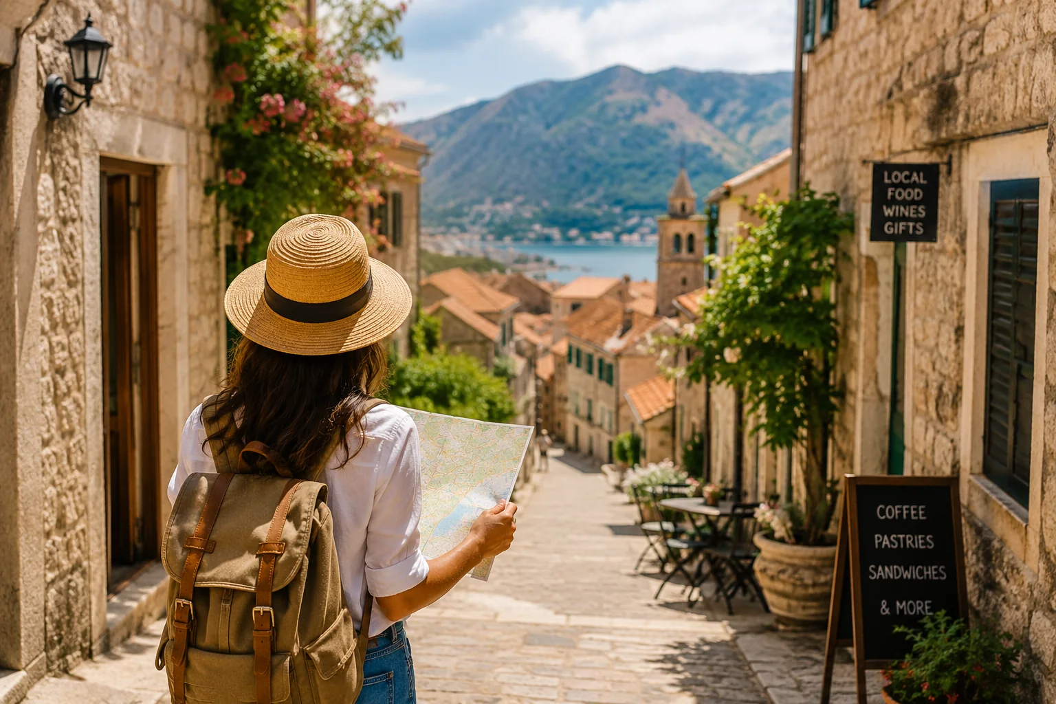 Independent traveler with a map exploring a historic European town.