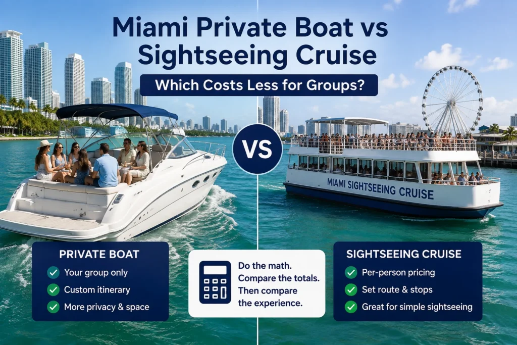 Miami private boat vs sightseeing cruise comparison showing a private boat and group sightseeing cruise with group pricing, itinerary flexibility, privacy, and total-cost considerations.
