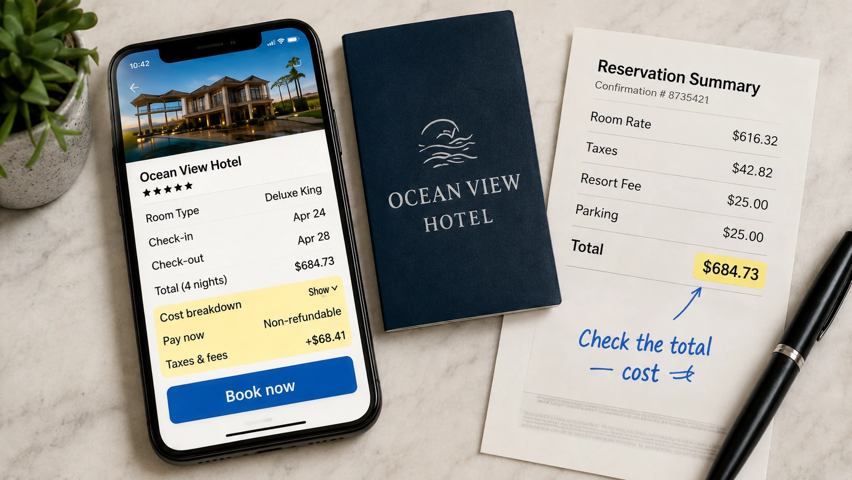 Travel planning scene illustrating hotel booking choices, total cost, payment timing, fees, and rate conditions.