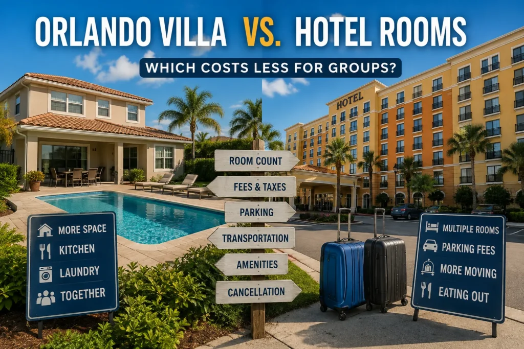 Orlando villa vs hotel rooms comparison showing a private villa with pool beside a large hotel, with group travel cost factors including room count, fees, parking, transportation, amenities and cancellation.