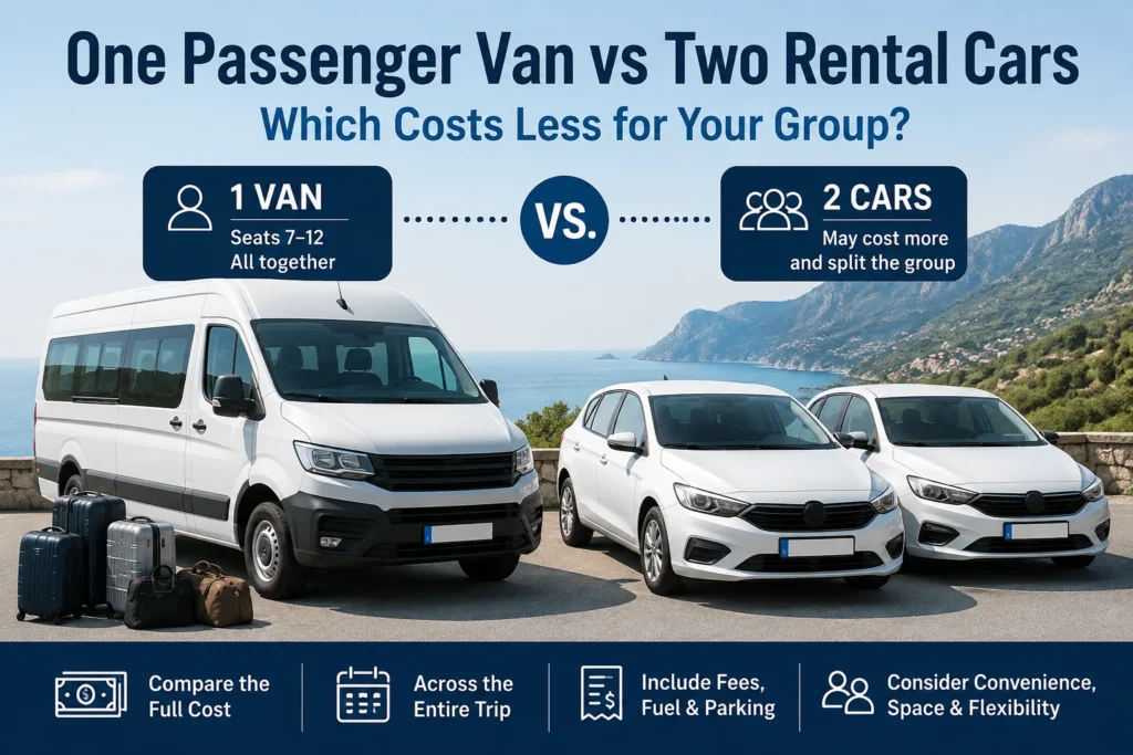 Passenger van vs two rental cars comparison showing one large van beside two smaller cars with luggage.