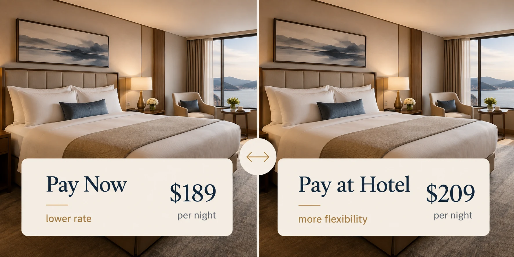 Hotel payment comparison illustrating pay now versus pay at hotel booking choices.