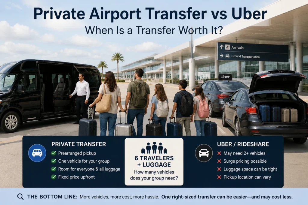 Private airport transfer compared with Uber for a group traveling with luggage, highlighting vehicle count, luggage space, pickup planning, and pricing.