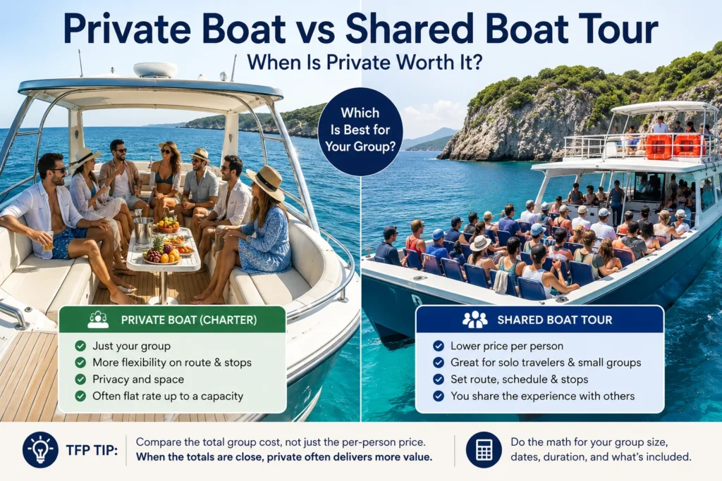 Private boat charter compared with a shared boat tour, showing differences in group size, flexibility, privacy, and pricing.