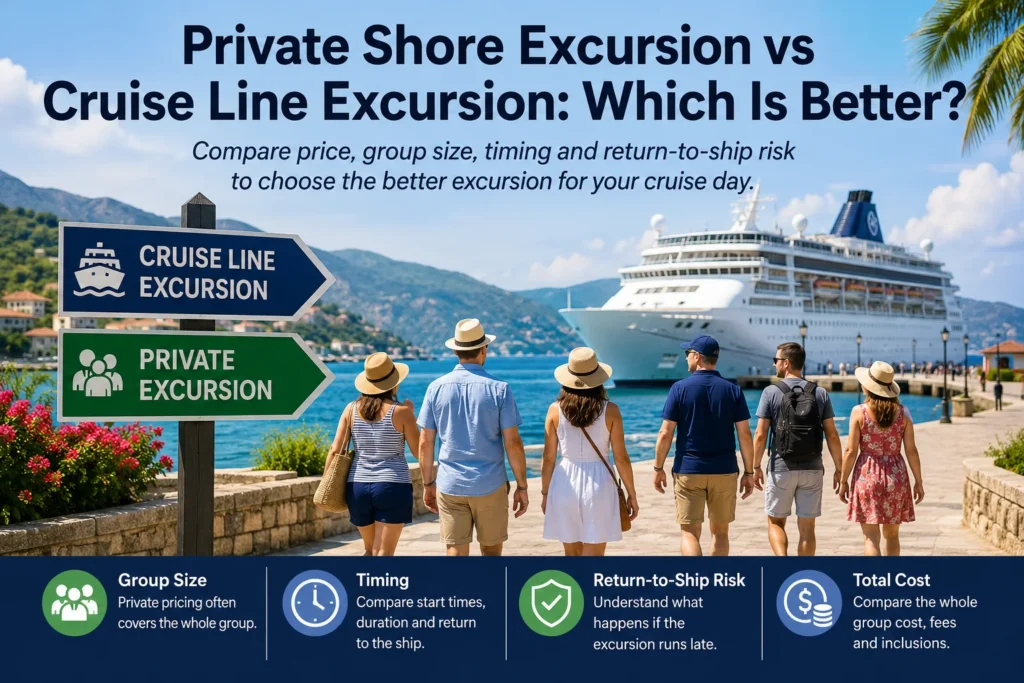 Private shore excursion vs cruise line excursion comparison at a cruise port with travelers and a docked cruise ship.