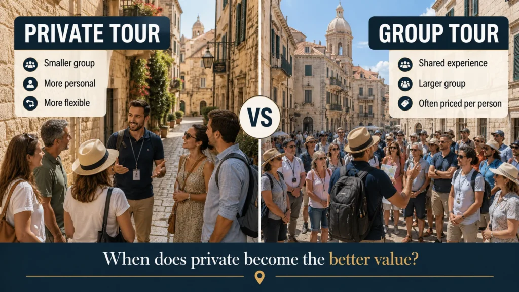 Private tour with a small group compared with a larger shared group tour in a historic European destination.