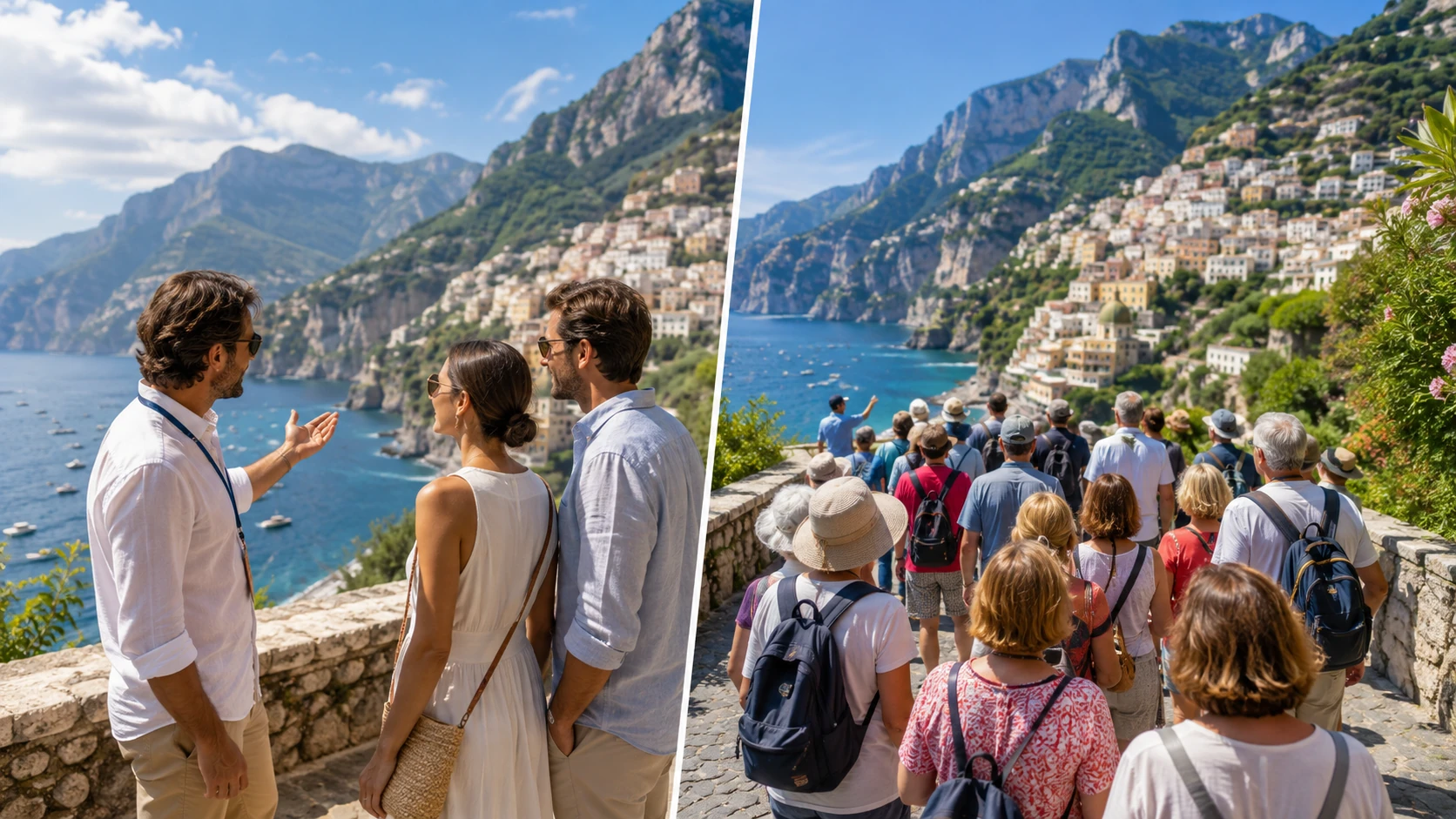 Split comparison of a private guided tour and a larger group tour.