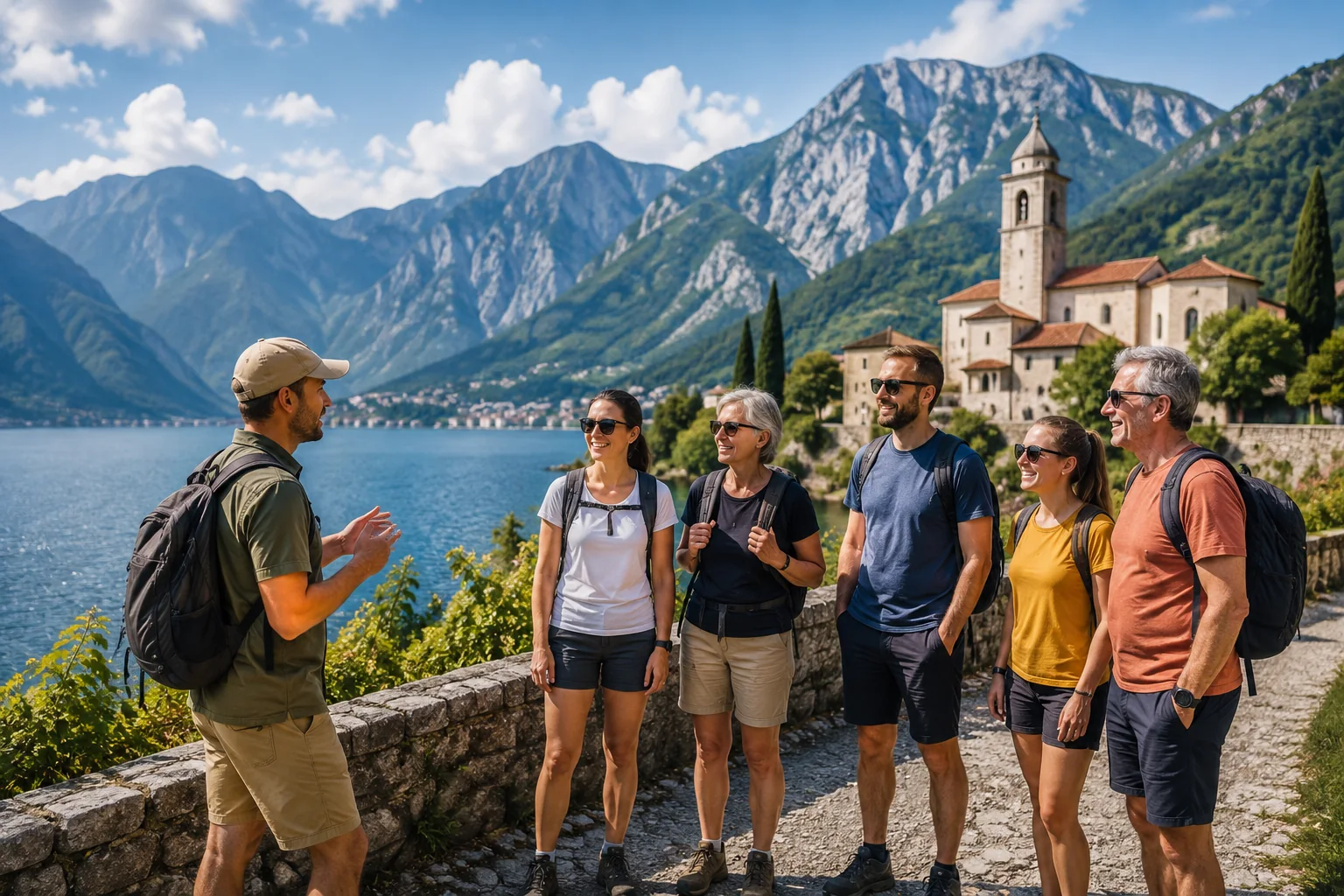 Small guided tour group listening to a guide beside a scenic mountain lake.