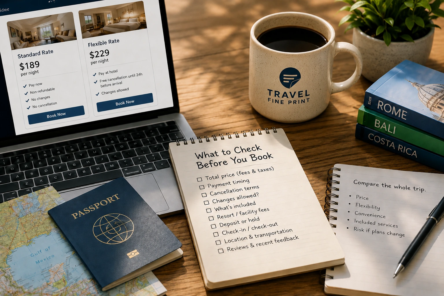 Travel planning workspace illustrating how Travel Fine Print compares booking choices, costs, flexibility, and fine print