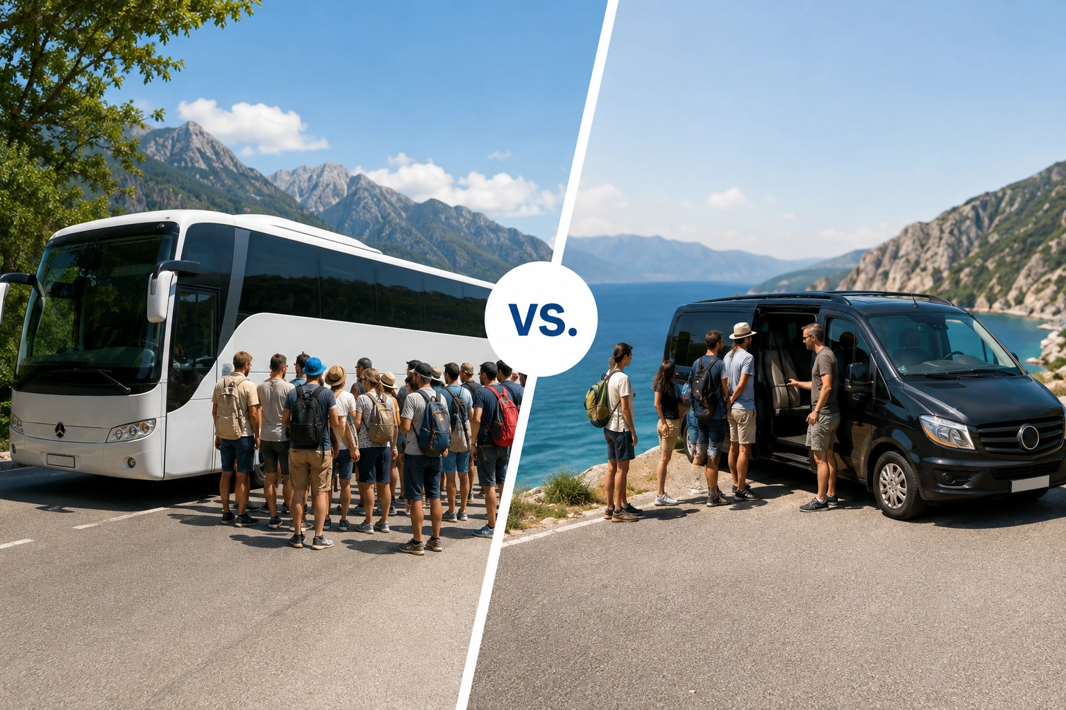 Split travel scene comparing a large group tour by coach with a smaller private tour by van.