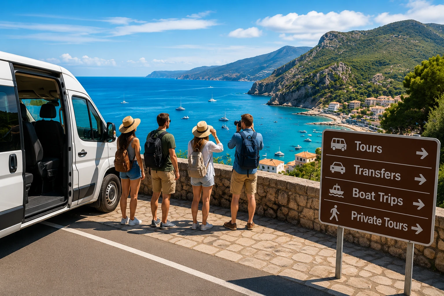 Travelers preparing for a scenic coastal tour with shared transportation.