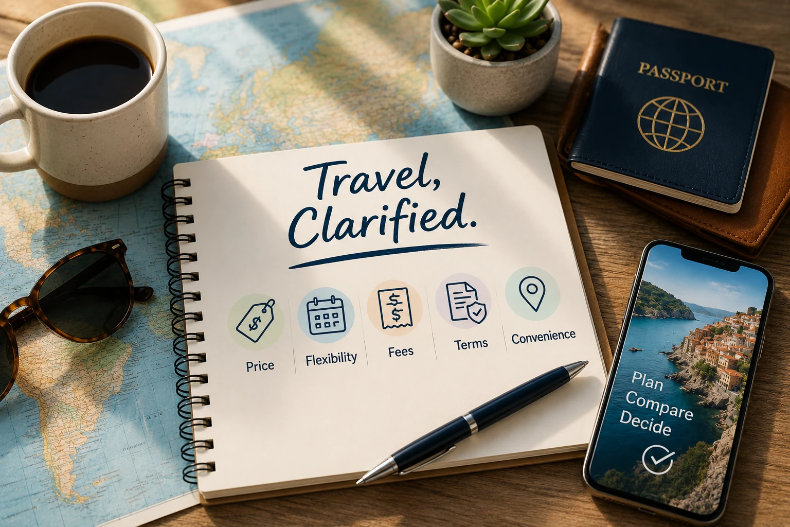 Travel planning workspace comparing price, flexibility, fees, payment terms, and convenience.