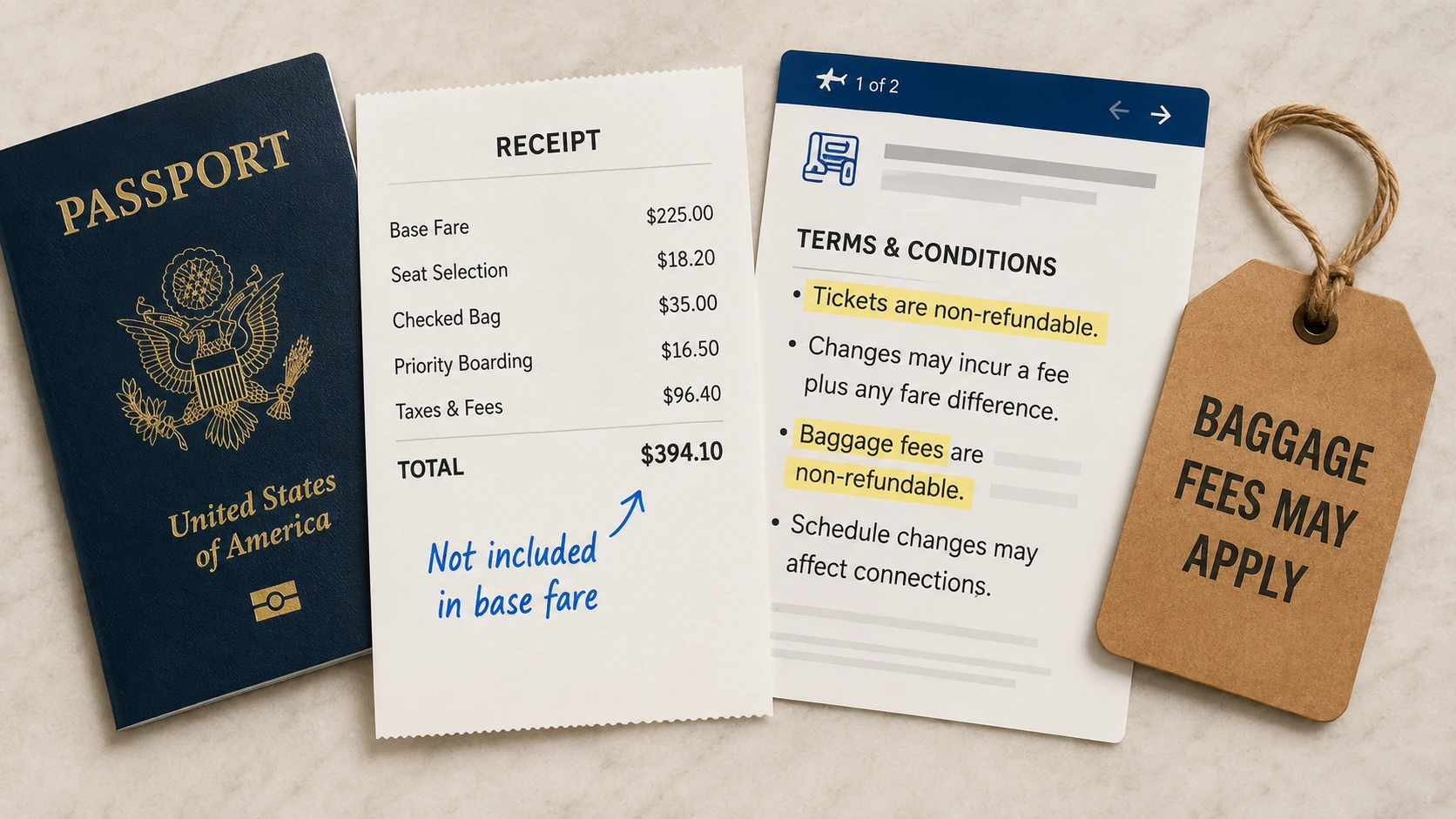 Travel documents illustrating fees, booking rules, restrictions, baggage charges, and other travel fine print.