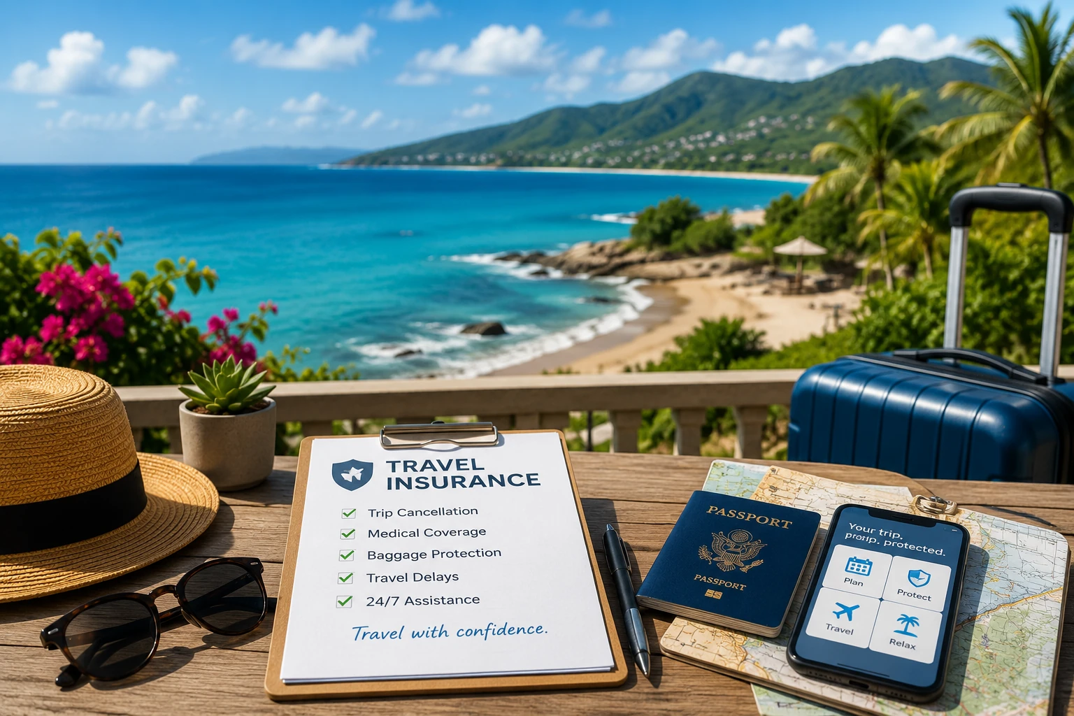 Travel documents and insurance materials representing passport, visa, entry, and trip protection planning.