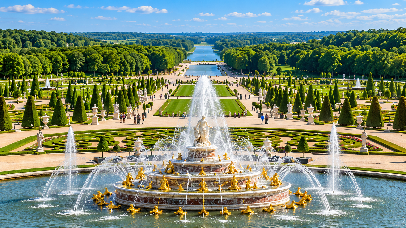 Formal Versailles gardens with fountains, patterned parterres and the Grand Canal beyond
