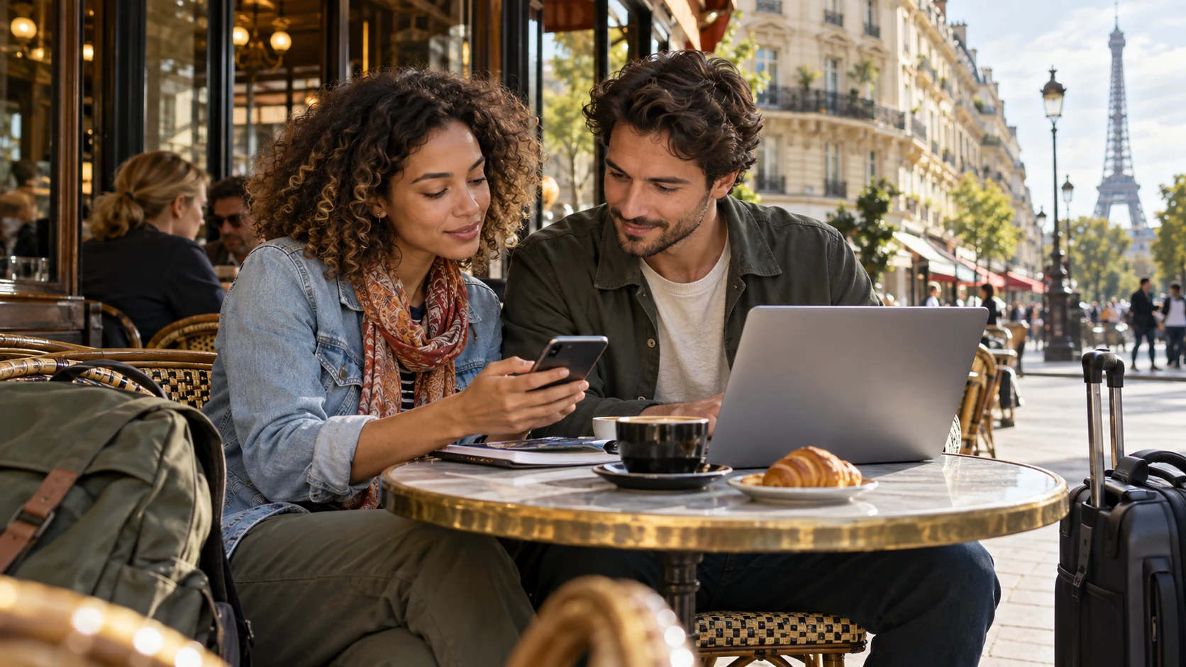 Travelers using a smartphone and laptop at an outdoor café in Paris with luggage beside their table.