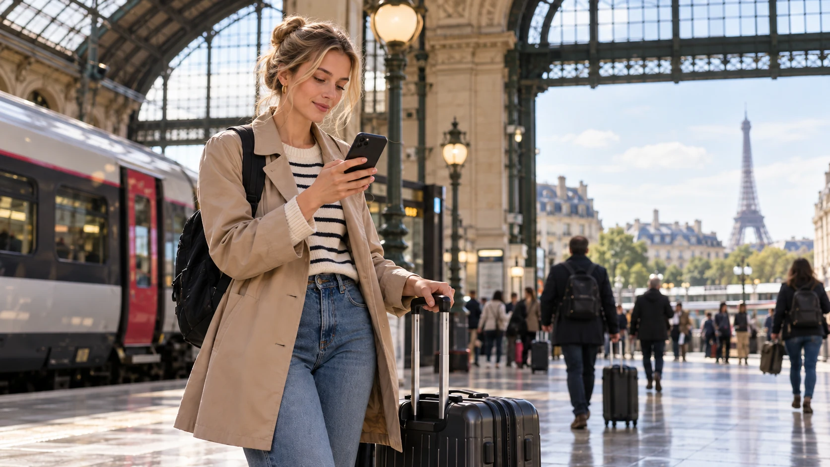 Traveler checking her smartphone with luggage at a Paris train station after arriving in France.