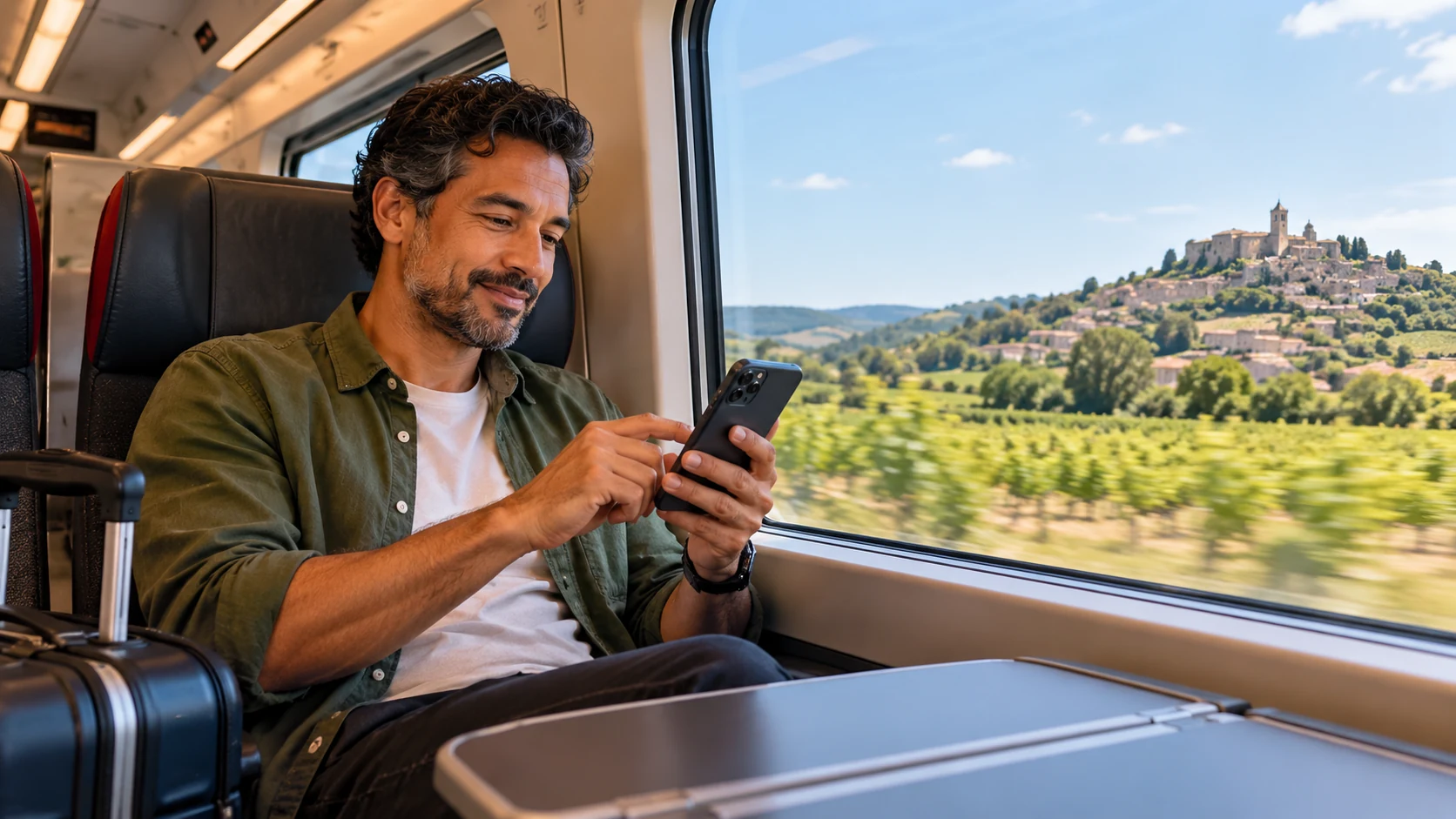 Traveler using a smartphone while riding a high-speed train through the French countryside.