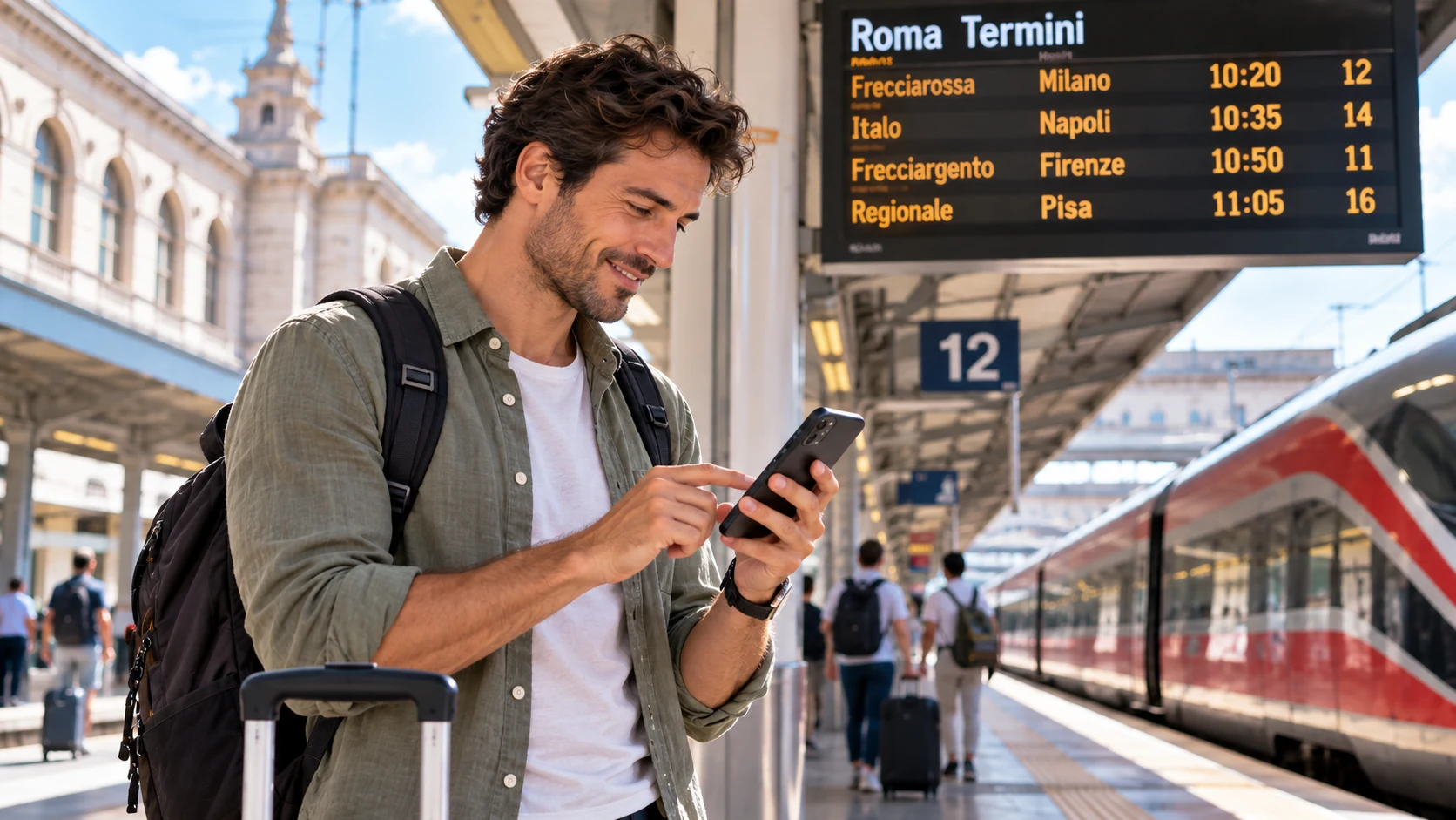 Traveler checking his smartphone beside a high-speed train at Roma Termini station in Italy.