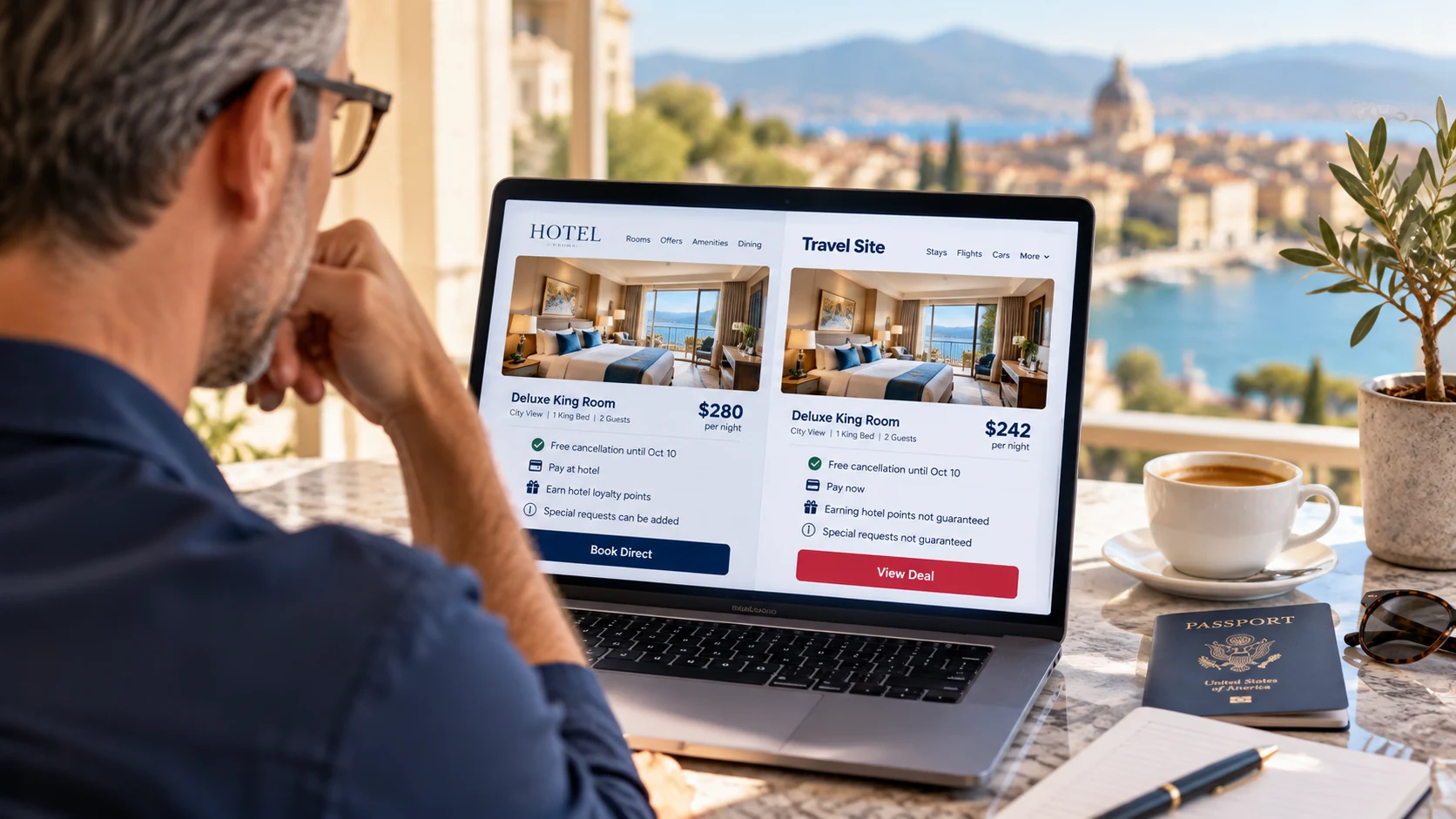 Traveler comparing the same hotel room through a direct booking site and a third-party travel site