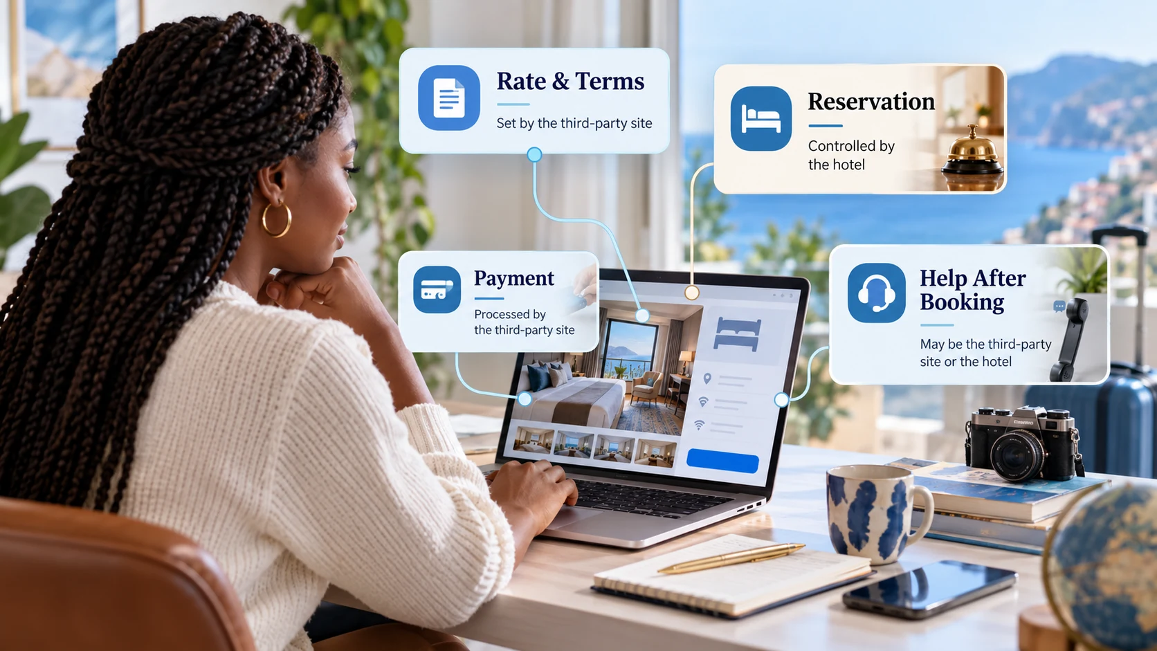 Traveler reviewing a hotel booking while key third-party booking responsibilities are explained around the screen