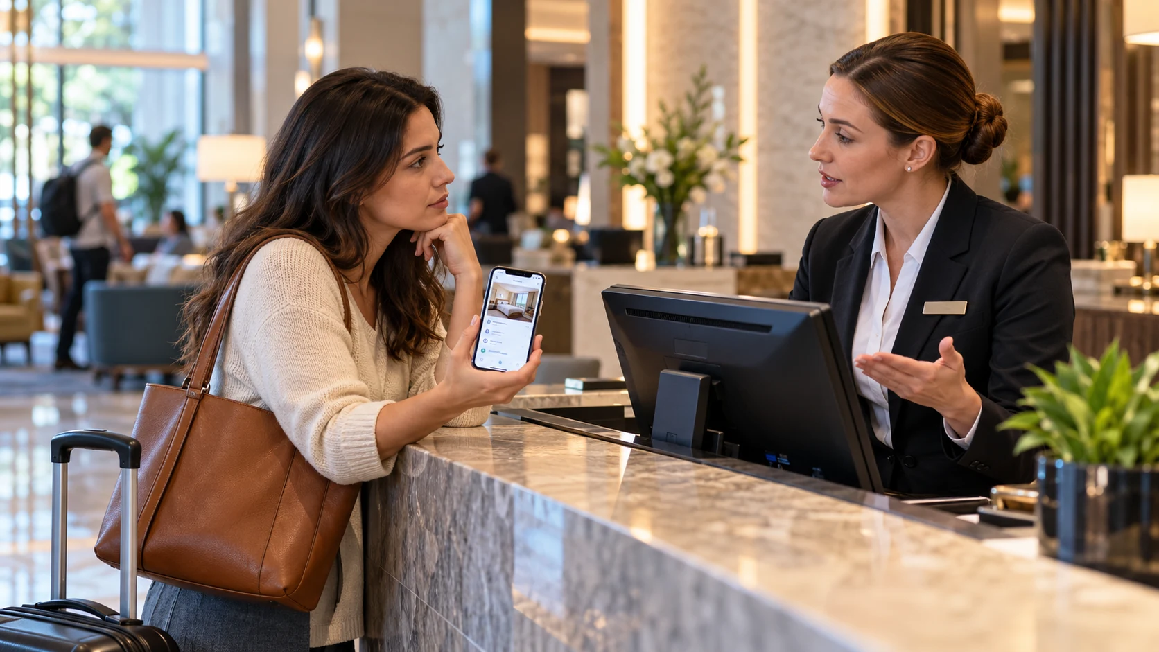 Traveler showing a hotel reservation to a front desk agent while discussing a booking change