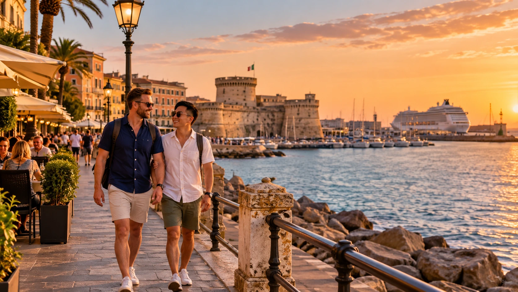 Travelers strolling the Civitavecchia waterfront at sunset with Fort Michelangelo, cafes and a cruise ship in the distance