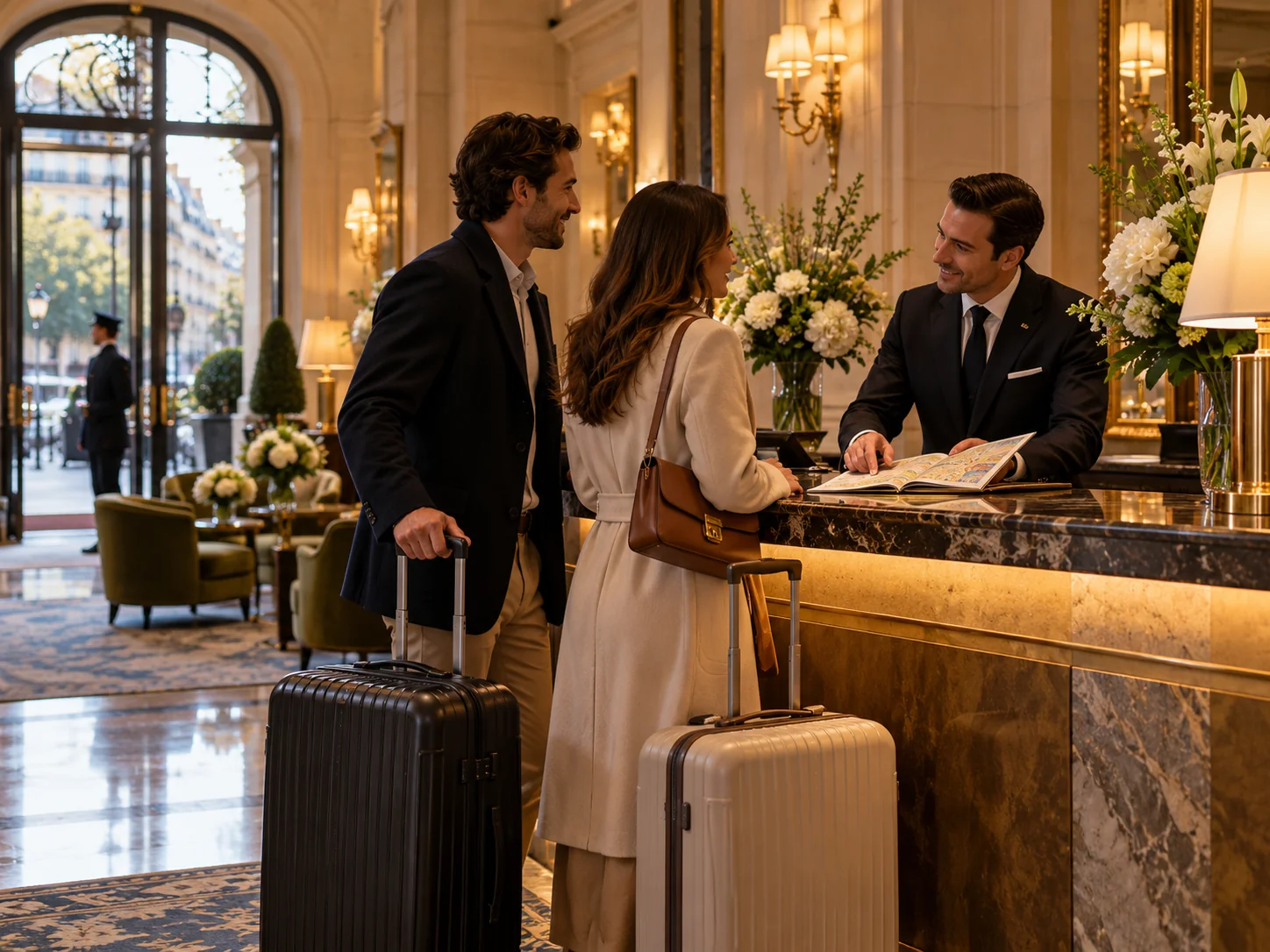 Travelers with suitcases speaking with a concierge at the reception desk of a Paris hotel