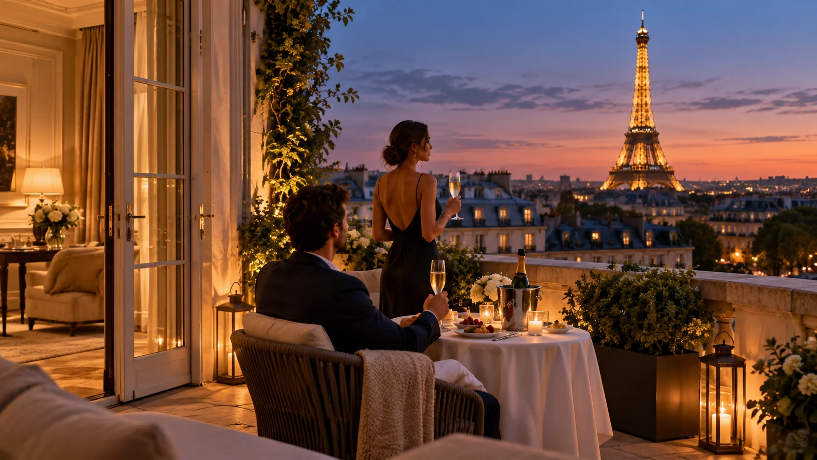 Couple enjoying an evening on a private Paris hotel terrace overlooking the illuminated Eiffel Tower