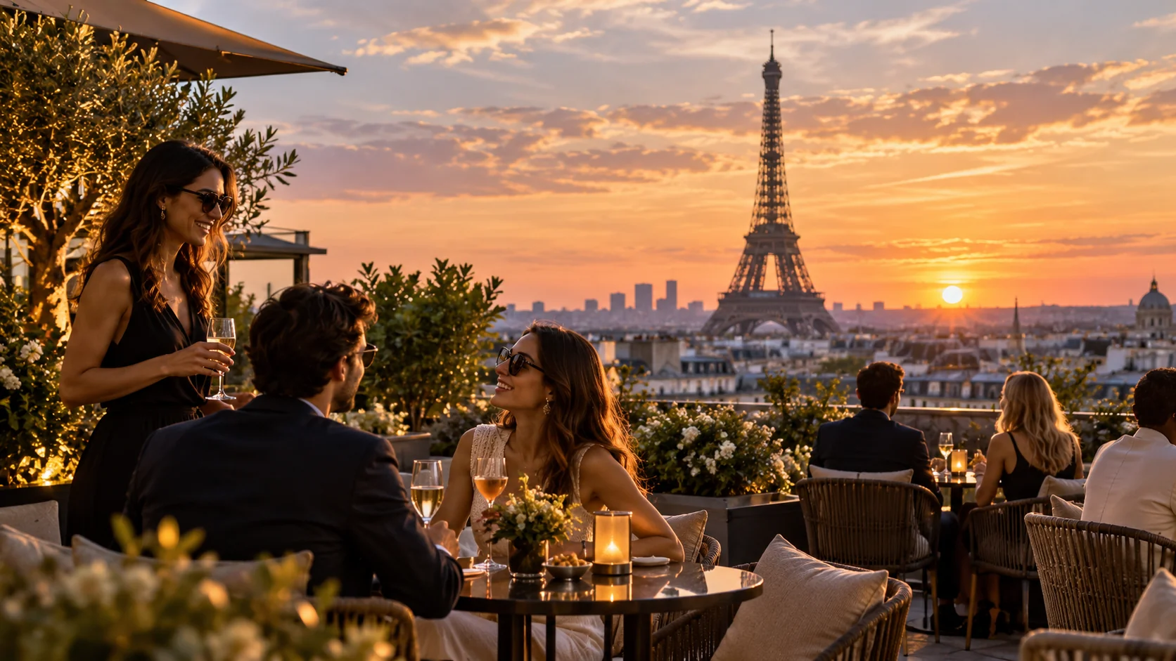 Hotel guests enjoying drinks on a shared Paris rooftop terrace with the Eiffel Tower visible at sunset