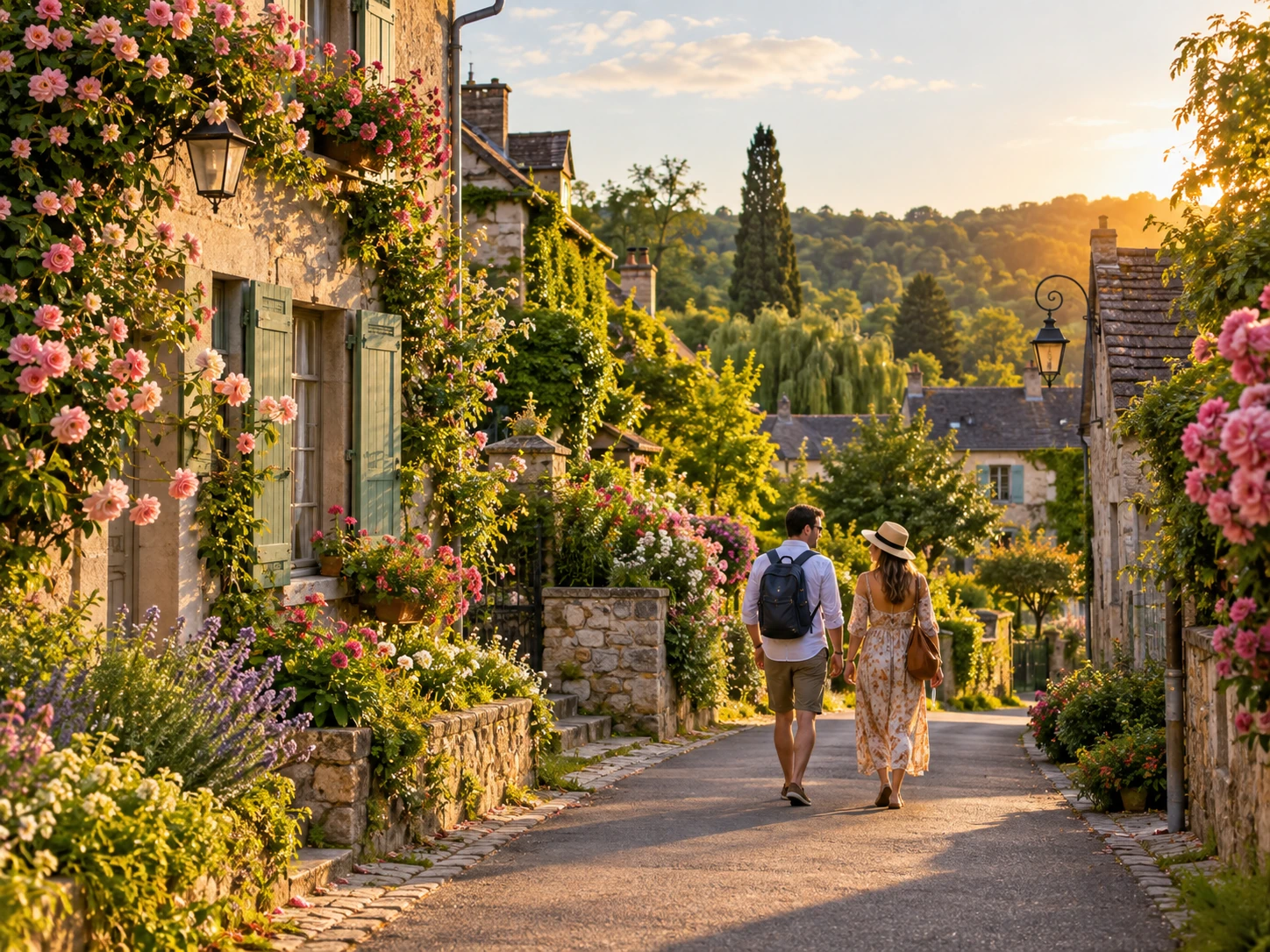 Travelers walking through a flower-lined street in Giverny during golden hour