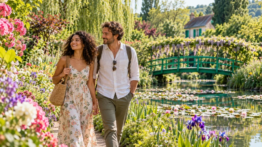 Couple walking through Monet’s gardens in Giverny with flowers, lily pond, and the green Japanese bridge in the background.