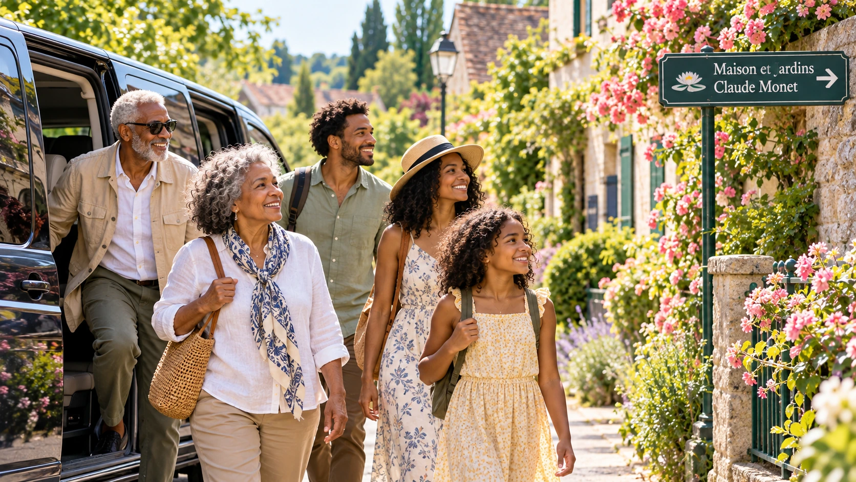 Multigenerational family arriving by minivan in Giverny near signs for Claude Monet's house and gardens