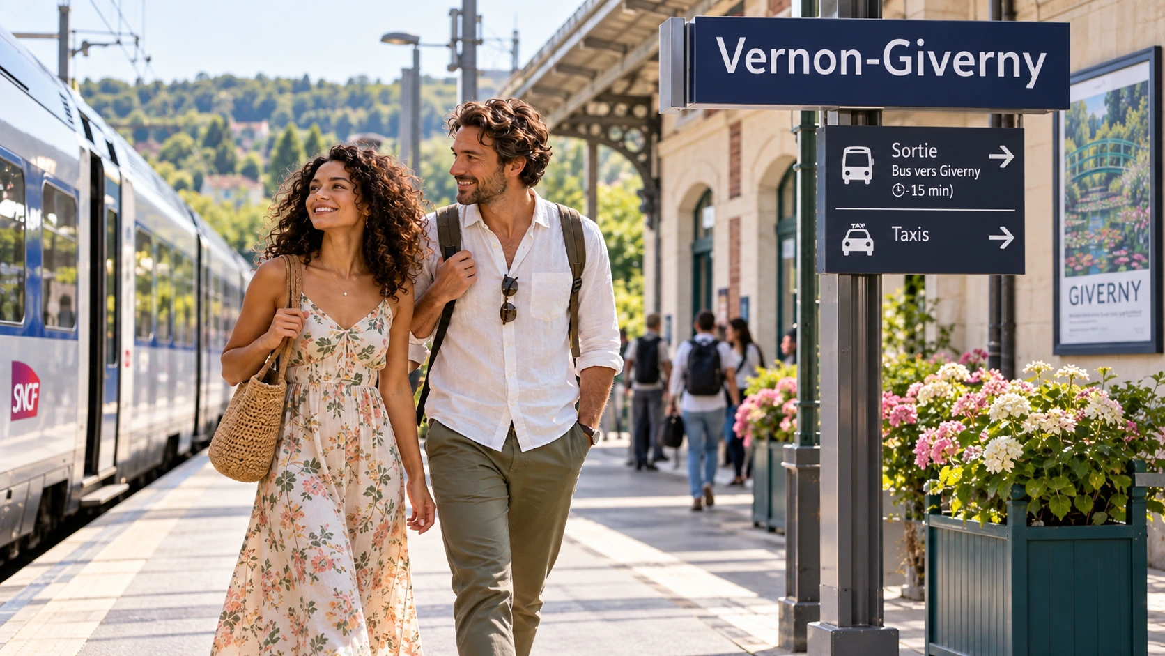 Travelers arriving at Vernon-Giverny station beside a regional train, with signs pointing toward onward transportation to Giverny