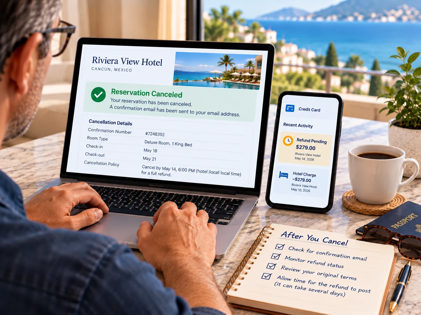Traveler reviewing a canceled hotel reservation while checking a pending refund
