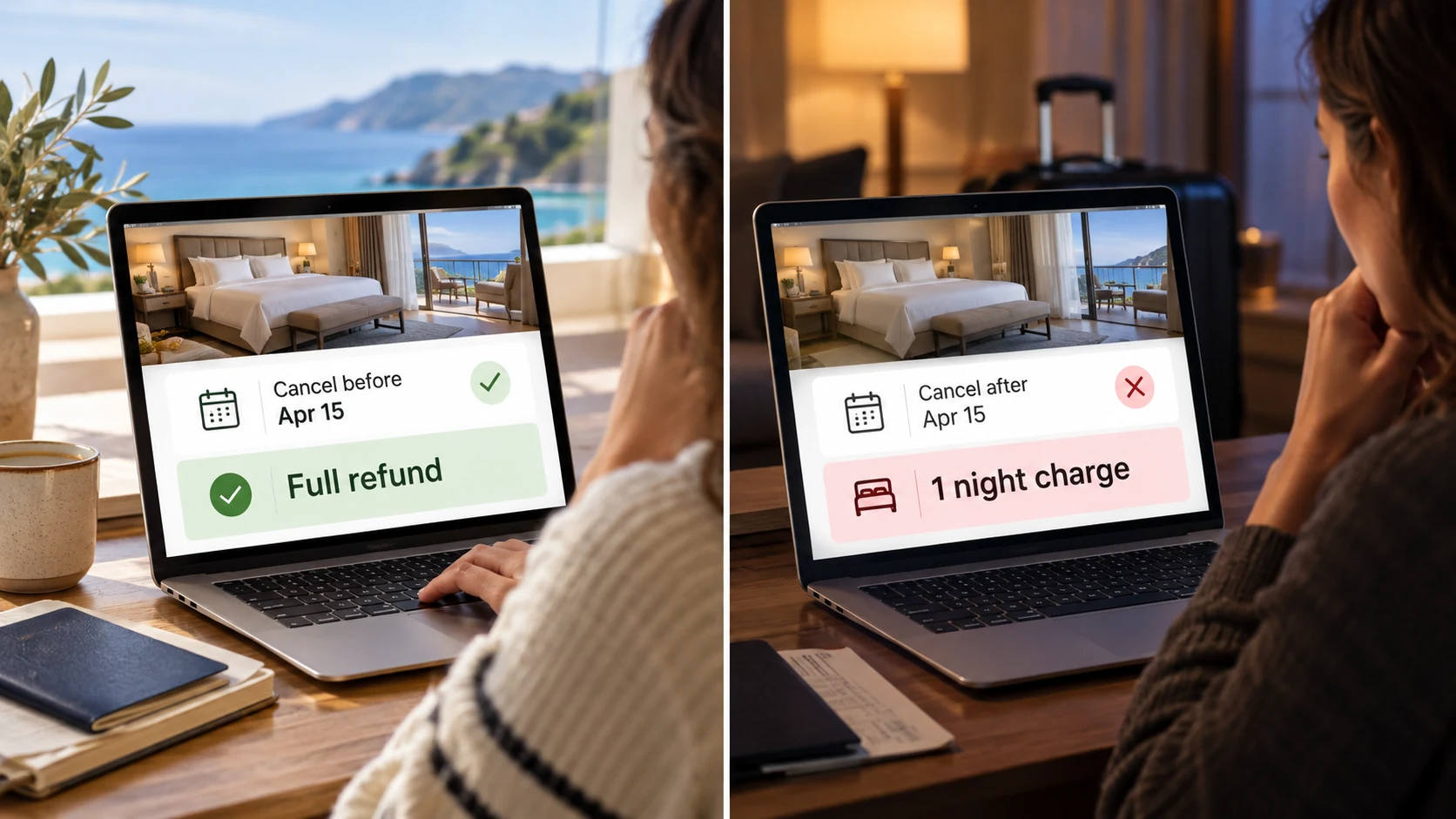 Hotel cancellation comparison showing a full refund before the deadline and a one-night charge after the deadline
