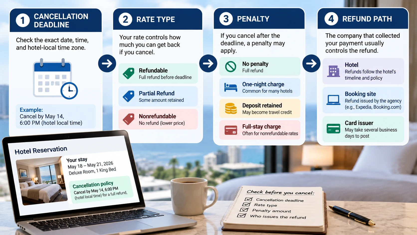 Hotel cancellation flow showing deadline, rate type, penalty, and refund path