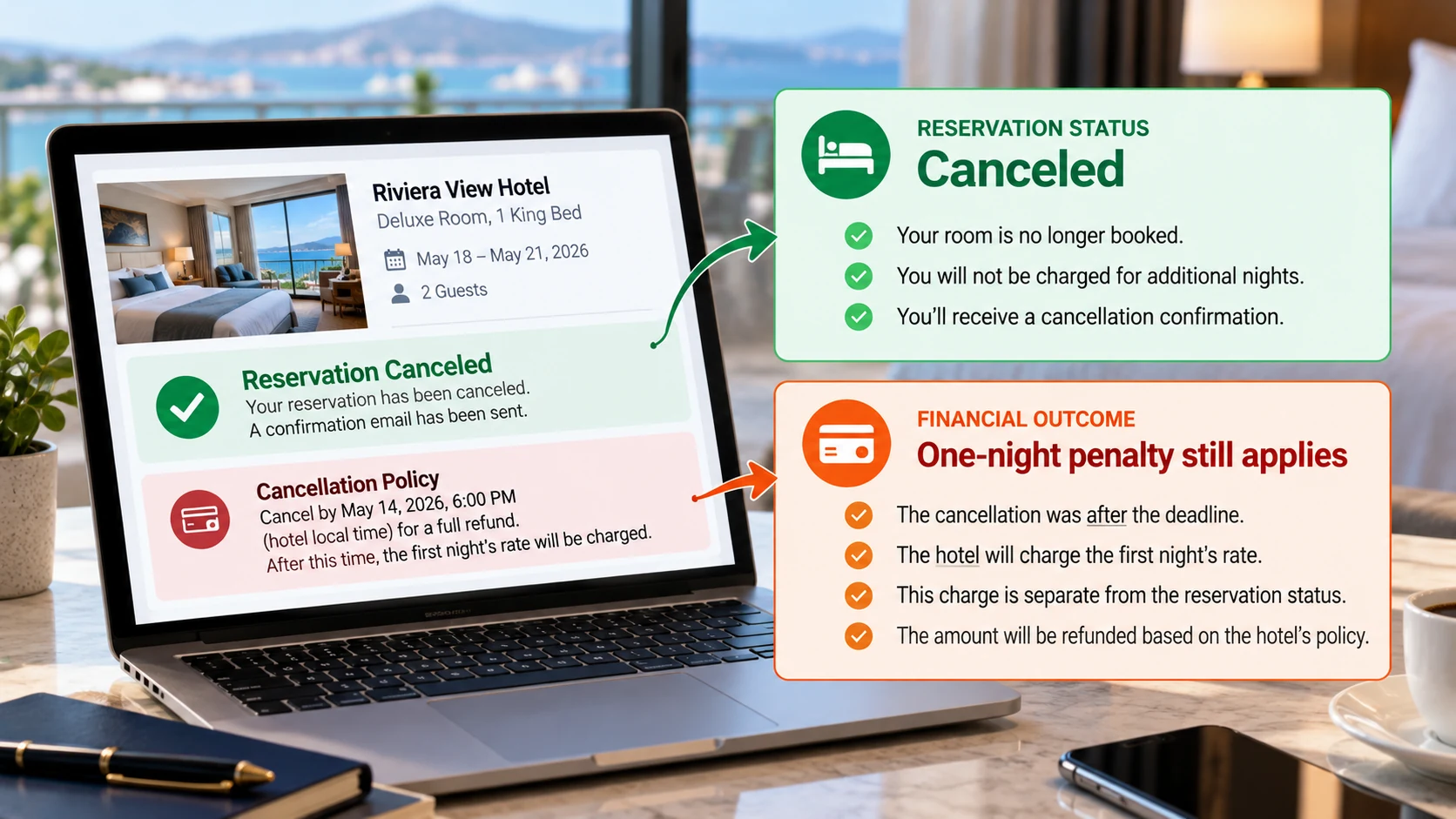 Canceled hotel reservation showing that a one-night cancellation penalty can still apply