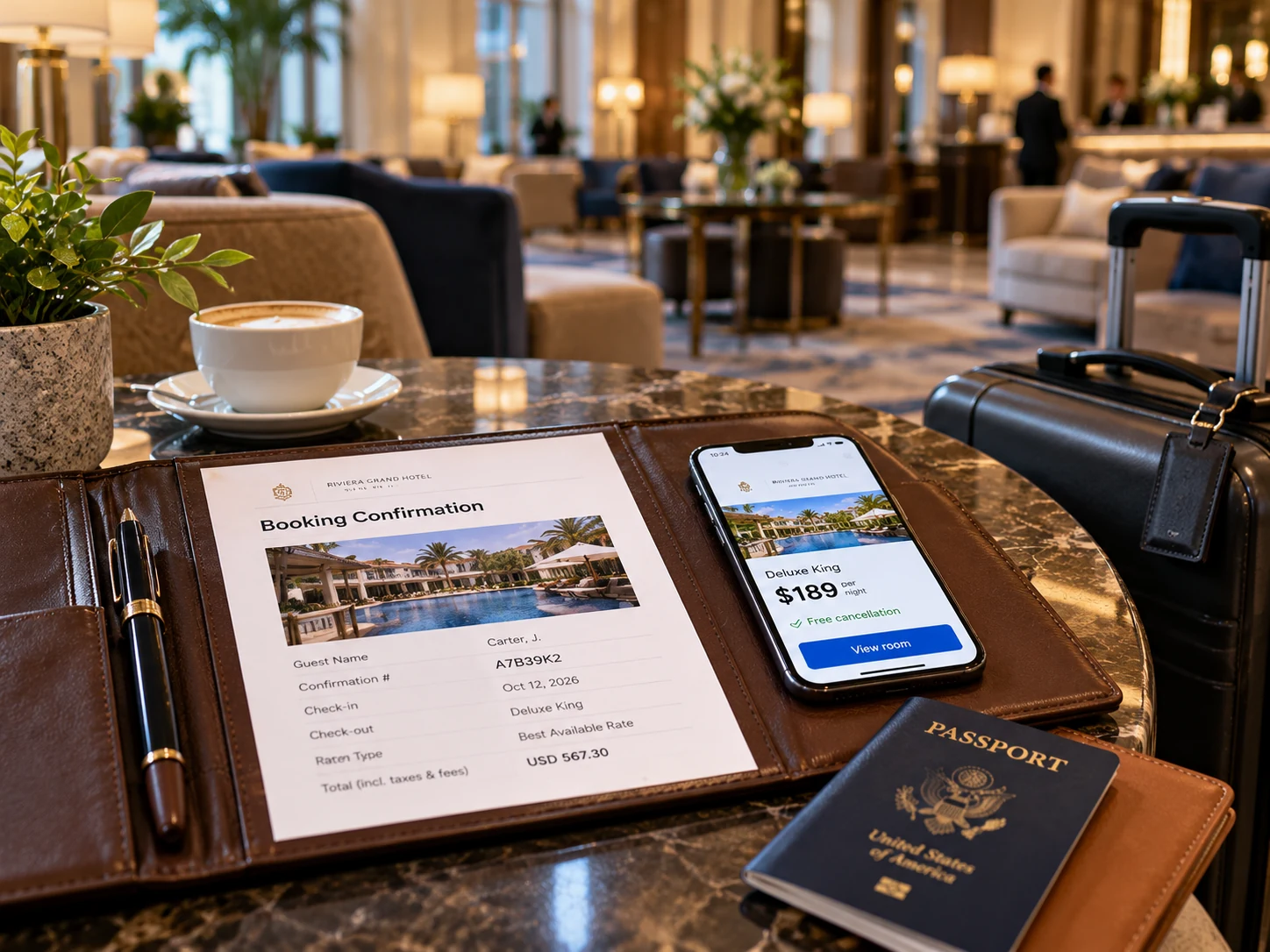 Hotel booking confirmation, smartphone showing a room rate and travel folder on an elegant lounge table