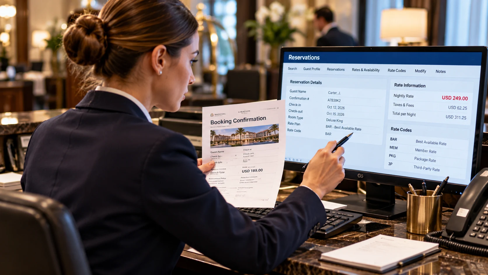 Hotel reservations professional comparing a printed booking confirmation with room rate and rate-code details on a computer