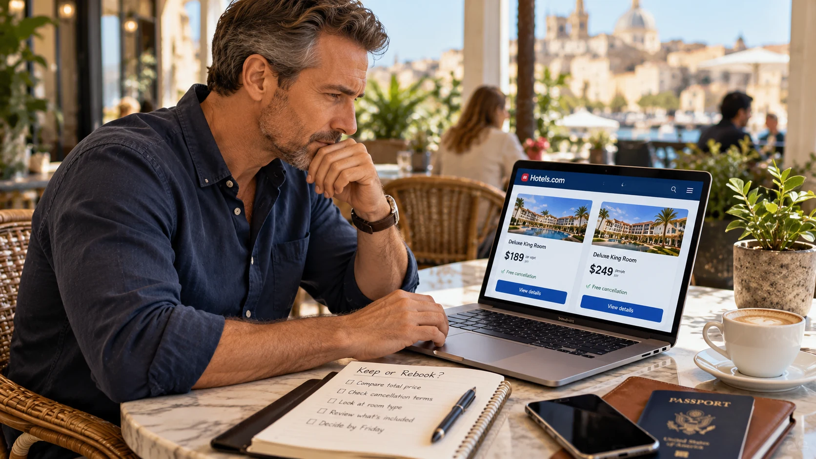 Traveler in an outdoor cafe comparing alternative hotel room prices and cancellation conditions on a laptop