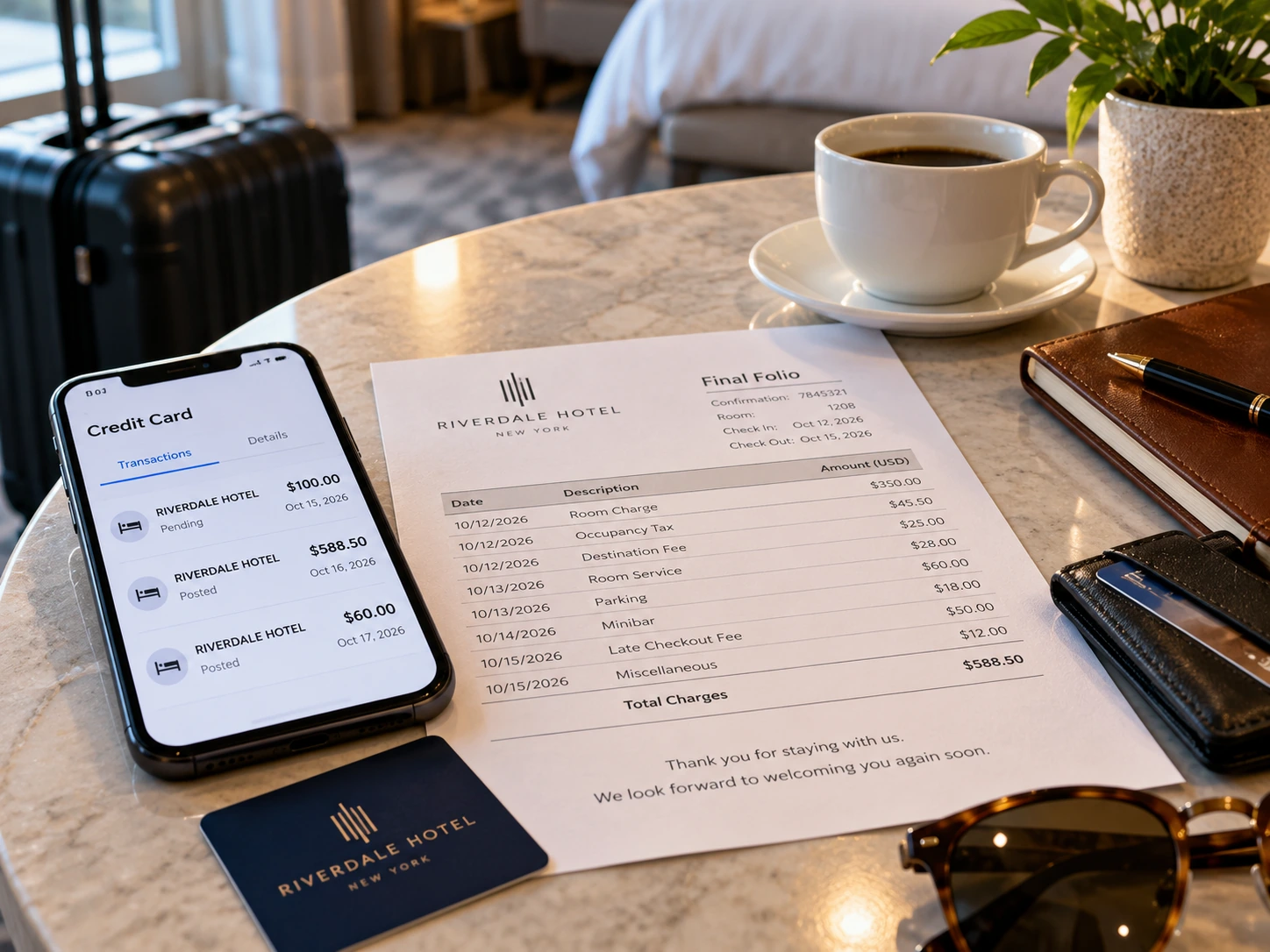 Hotel final folio next to phone showing transactions, room key, and travel notebook