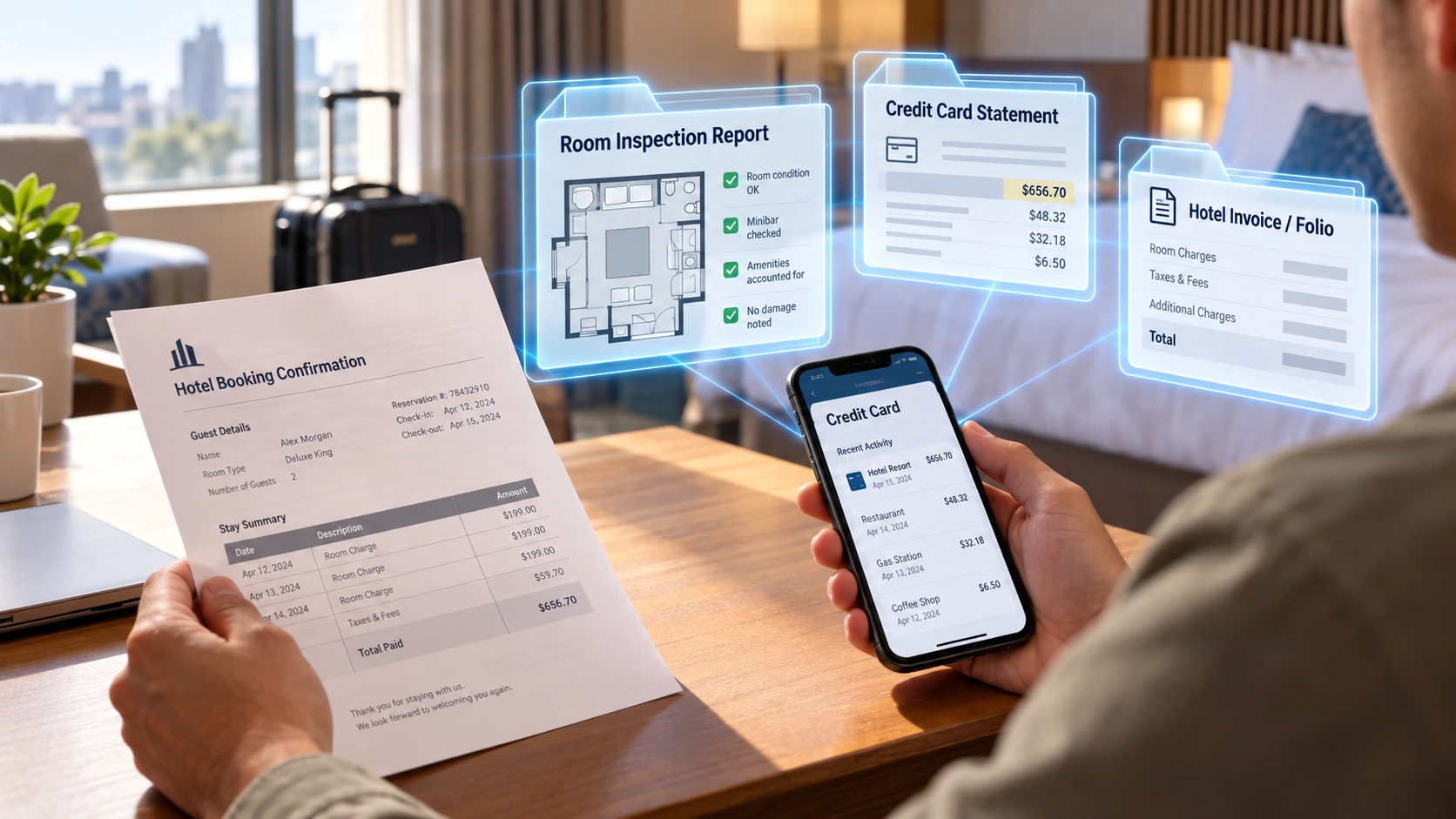 Hotel booking confirmation compared with a credit card statement, room report and final invoice