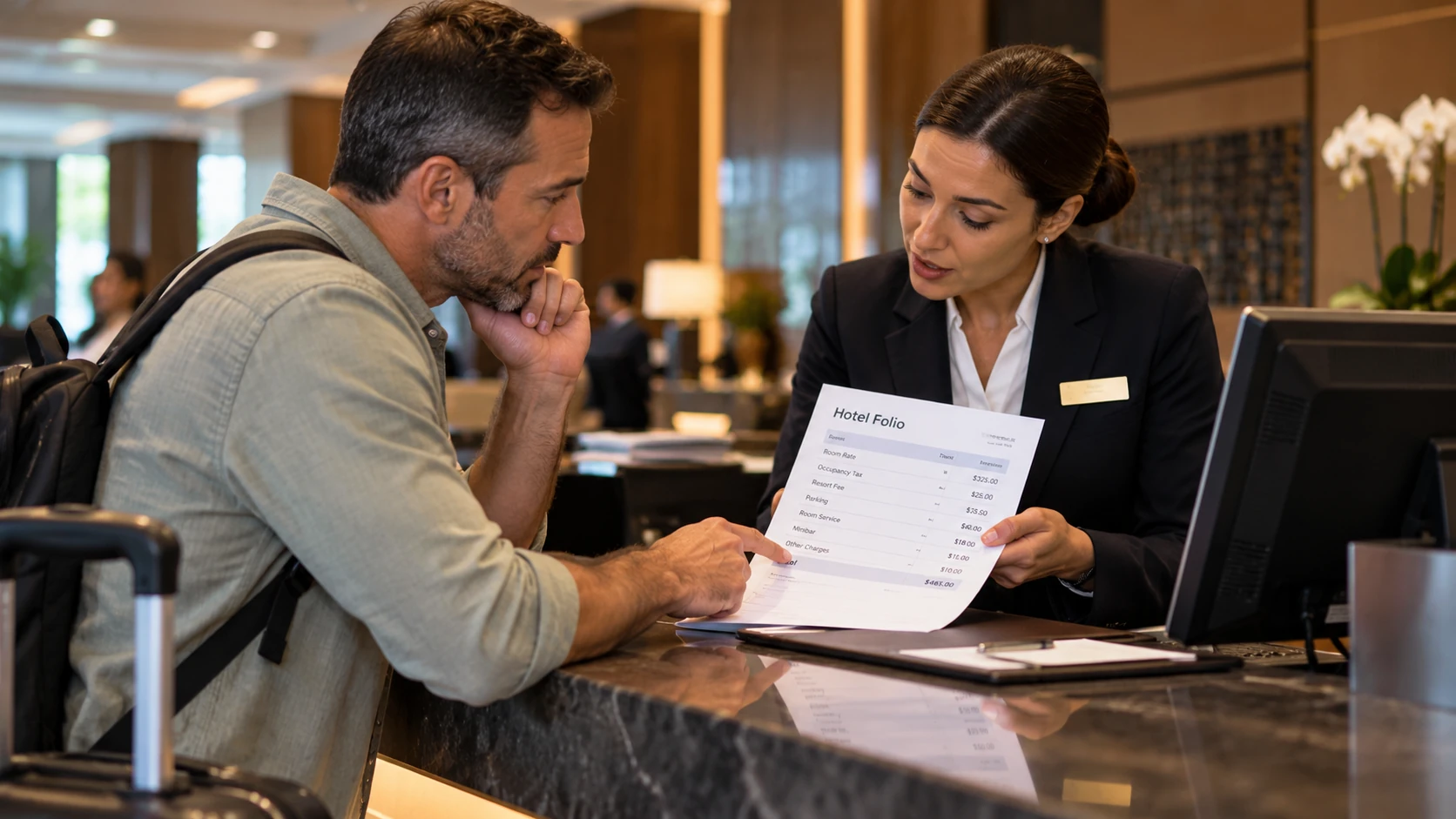 Hotel guest discussing itemized hotel folio with receptionist at the front desk