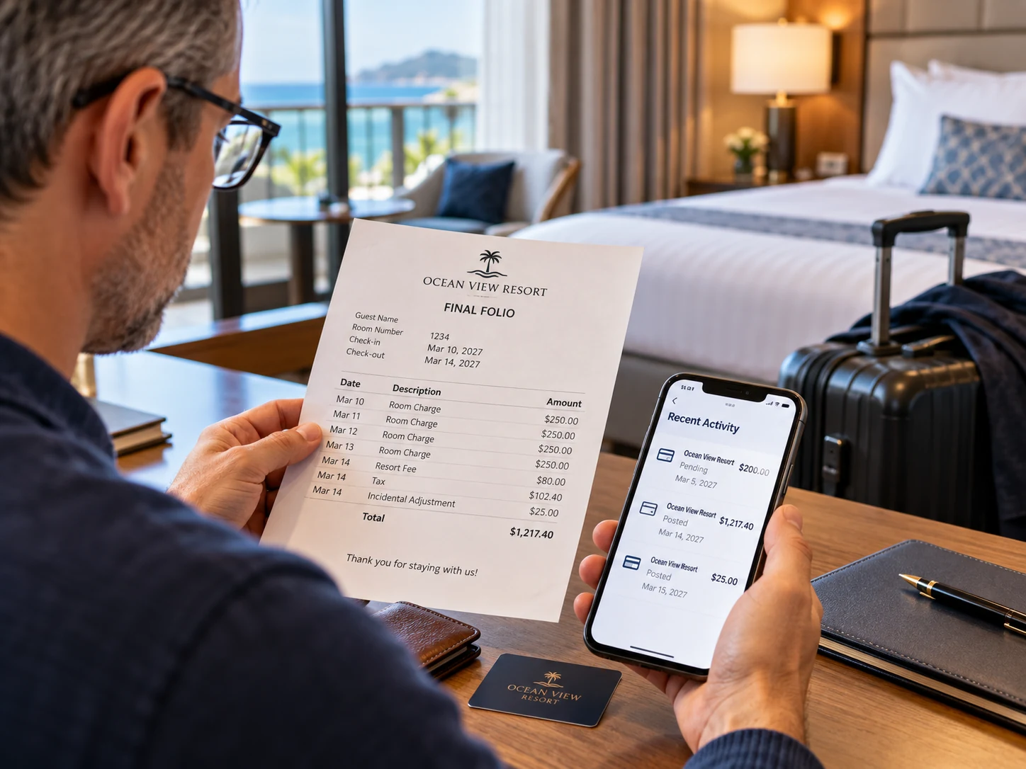 Traveler comparing a final hotel folio with recent card transactions at checkout
