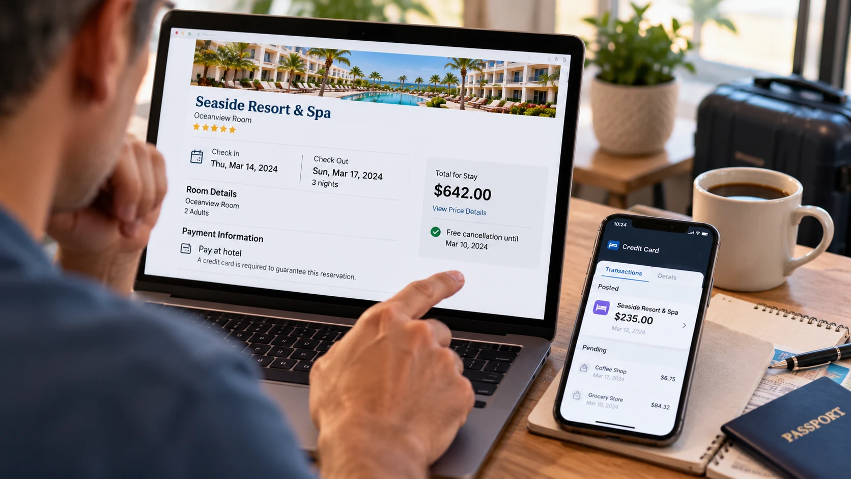Traveler comparing a hotel reservation with a credit card charge posted before check-in