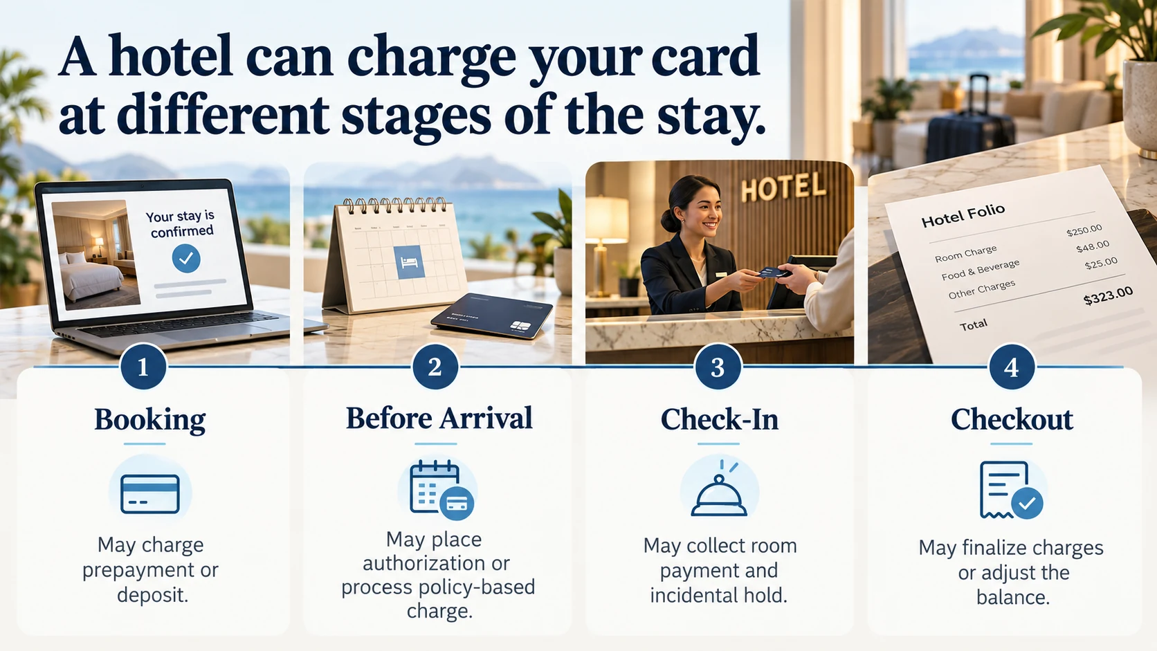 Hotel charge timeline showing possible card activity at booking, before arrival, check-in, and checkout