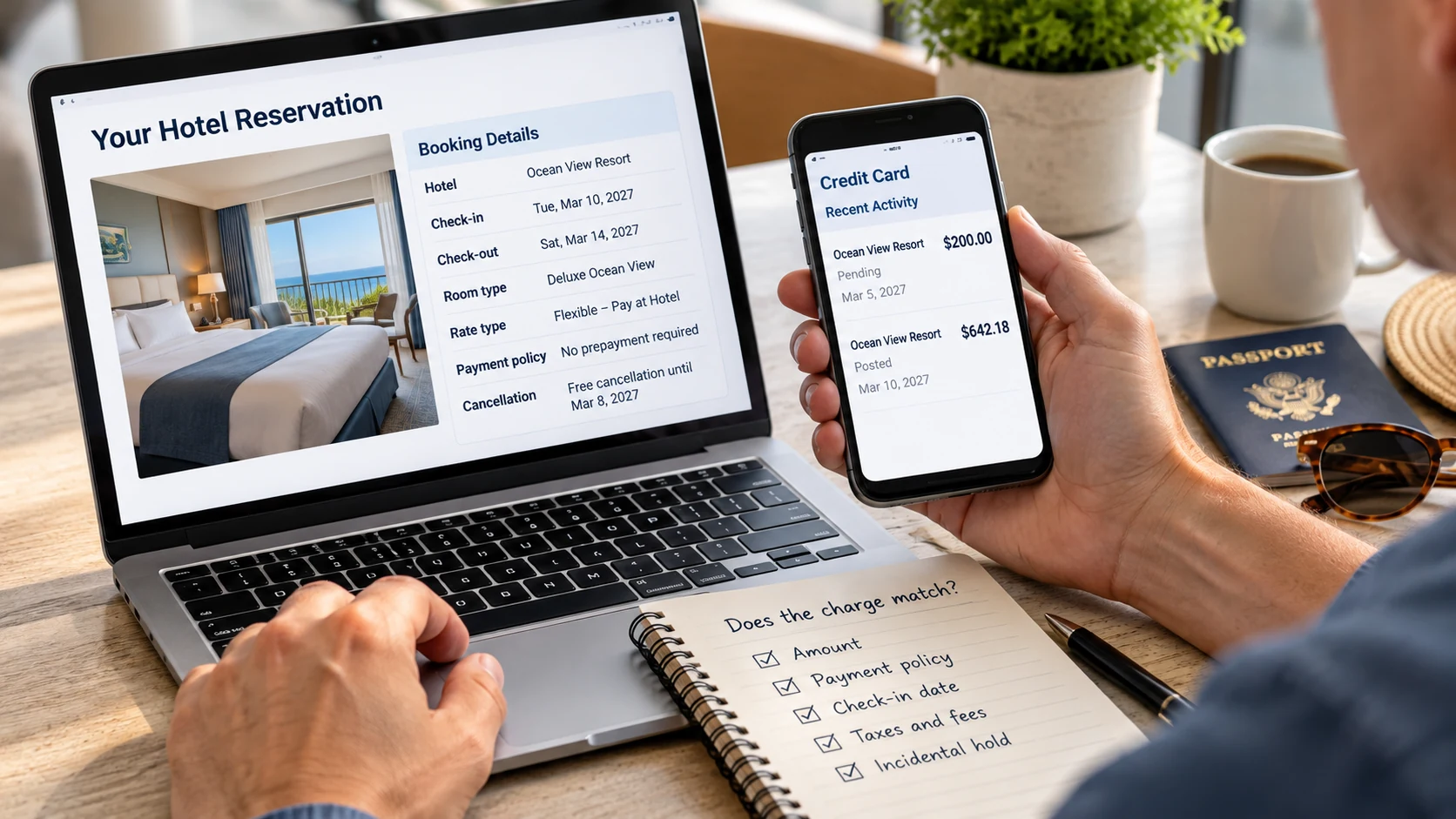 Traveler comparing hotel booking terms with pending and posted credit card charges before check-in